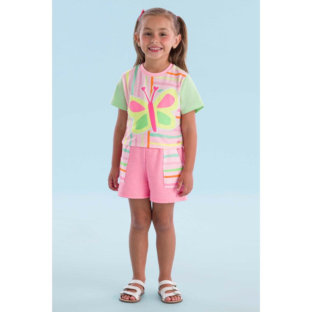 CONJUNTO BLUSA COM ESTAMPA BORBOLETA E SHORT COLORIDOS MON SUCRÉ