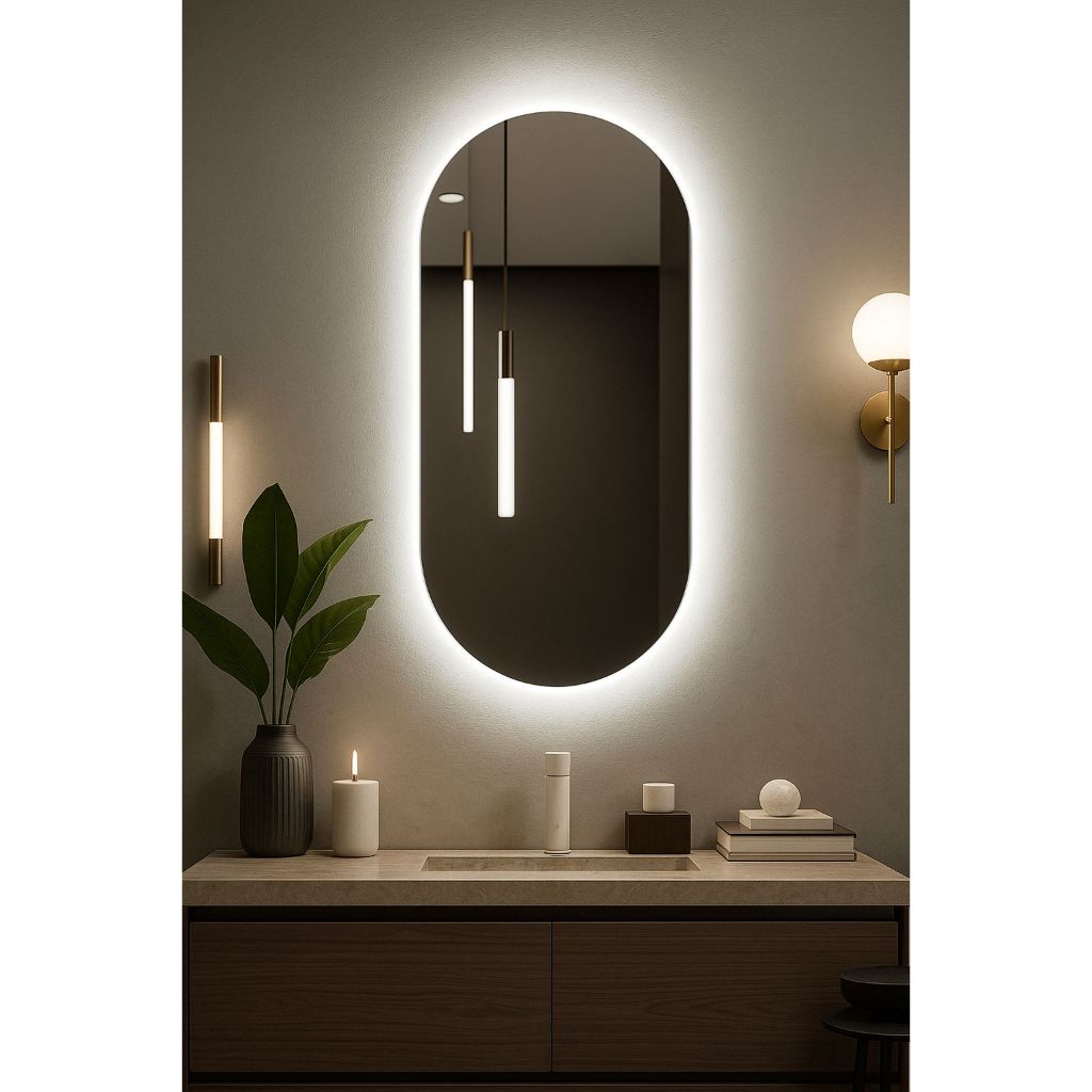 Espelho Grande De Parede Oval Com Led Sem fio Orgânico Banheiro Sala Quarto Luz Quente E Fria