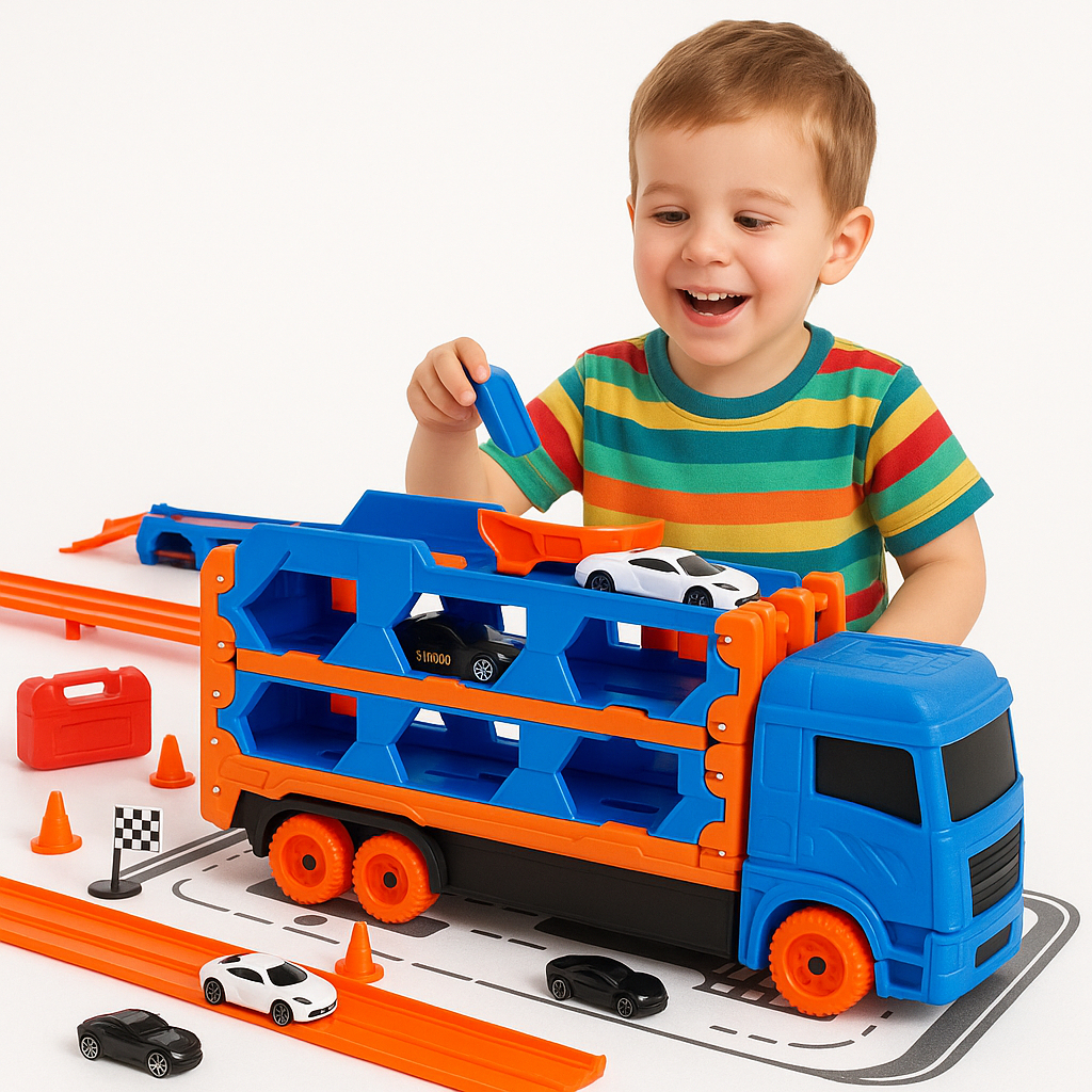 Caminhão Cegonha Com Pista Infantil 6 Carrinhos Impulsão Brinquedo de Menino Divertido Estratégia