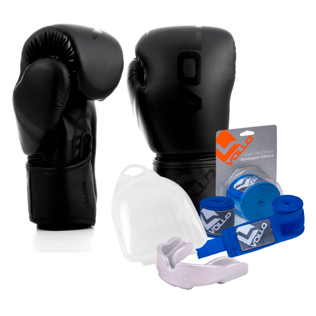Kit Boxe Luva 10Oz Preto + Protetor Bucal + Bandagem Azul