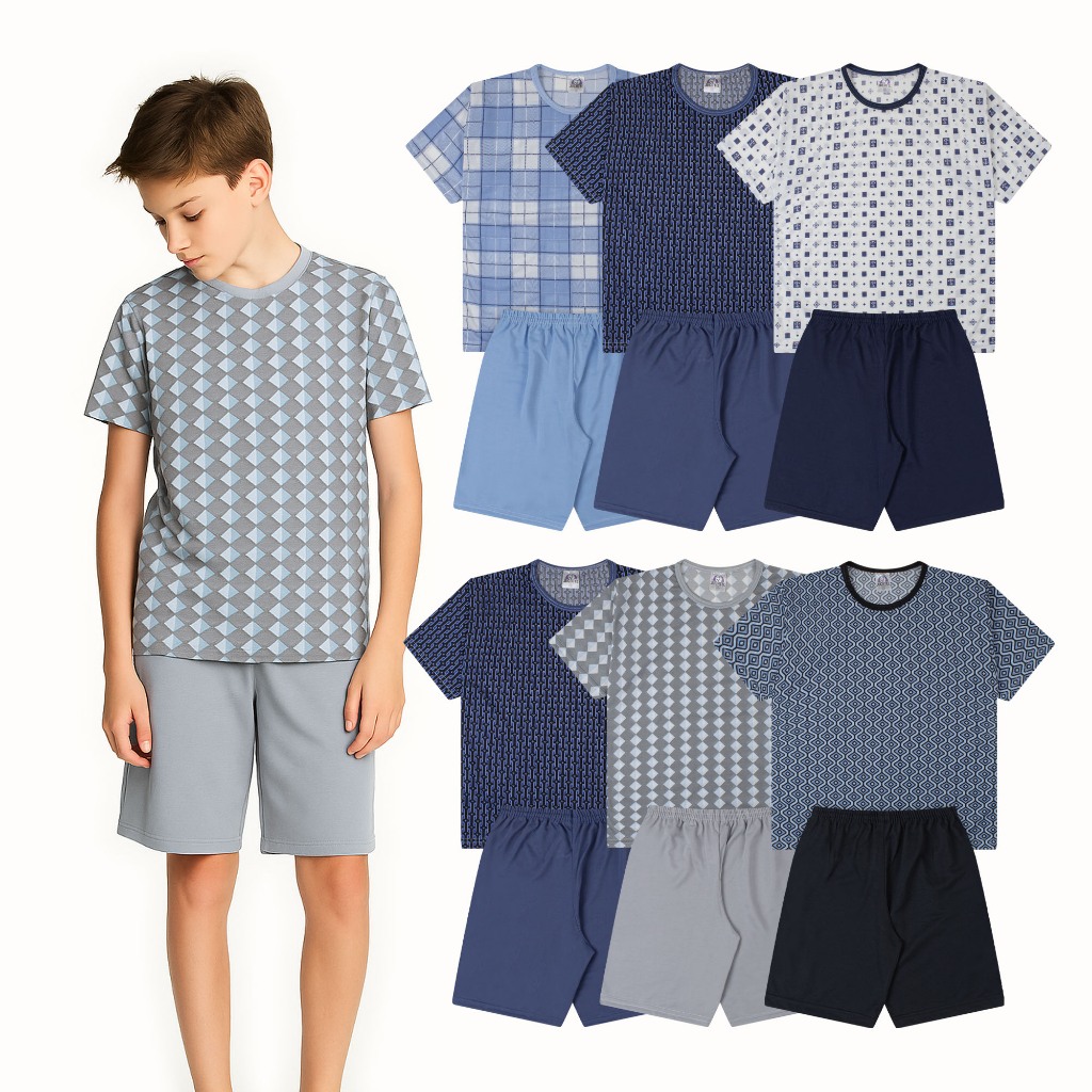 Kit 4 ou 6 Peças Pijamas Infantil Meninos Conjuntos Verão Leve e Divertido 100% Poliéster Estampado