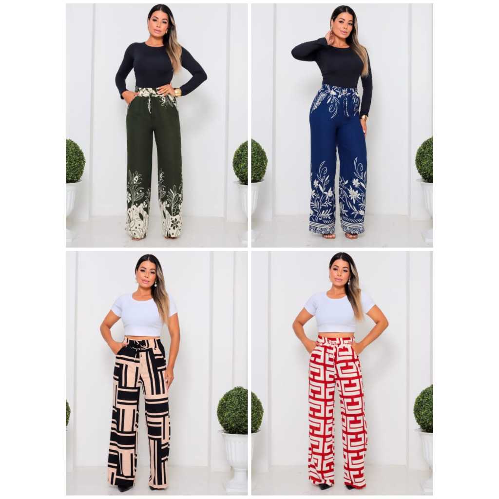 Calça Pantalona Estampado Duna Con Bolso Moda Casual em Oferta na Shopee