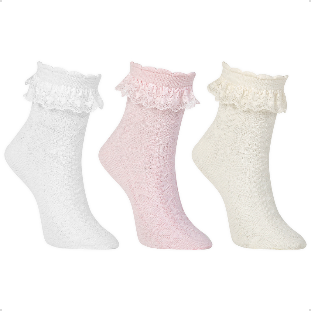 Kit 3 Pares Meia Babado de Renda Algodão Infantil Bebê Cano Médio Menina Rendada Batizado Festa