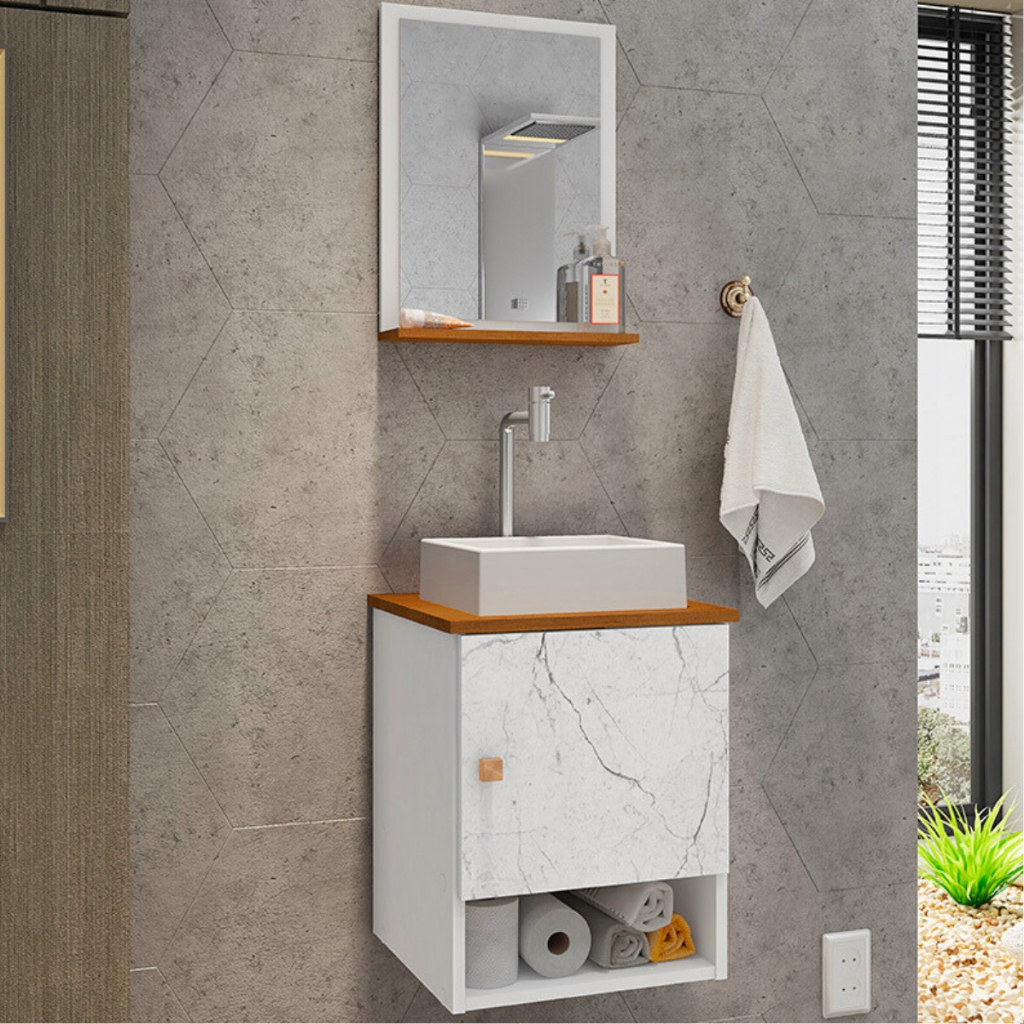 Gabinete Banheiro com Cuba de Mármore Kit Completo Suspenso Armario e Espelho Incluso 45x38 cm MDP em Oferta na Shopee