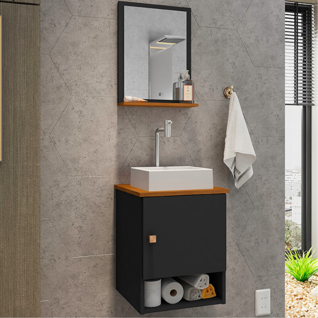 Kit De Banheiro Completo Com Gabinete Armário Suspenso Com Cuba Pia Espelho Gaveteiro Conjunto Preto em Oferta na Shopee