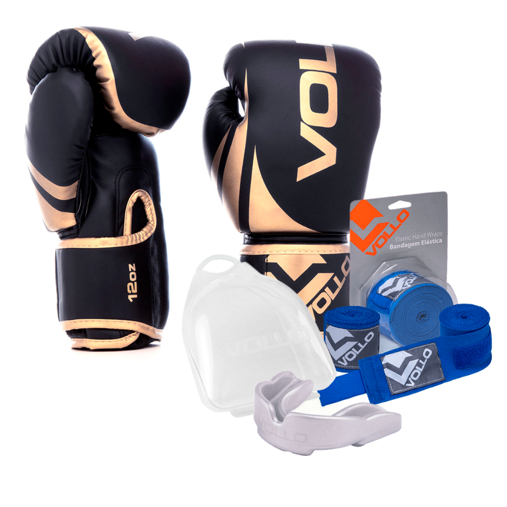 Kit Boxe Luva 12Oz Dourado + Protetor Bucal + Bandagem Azul