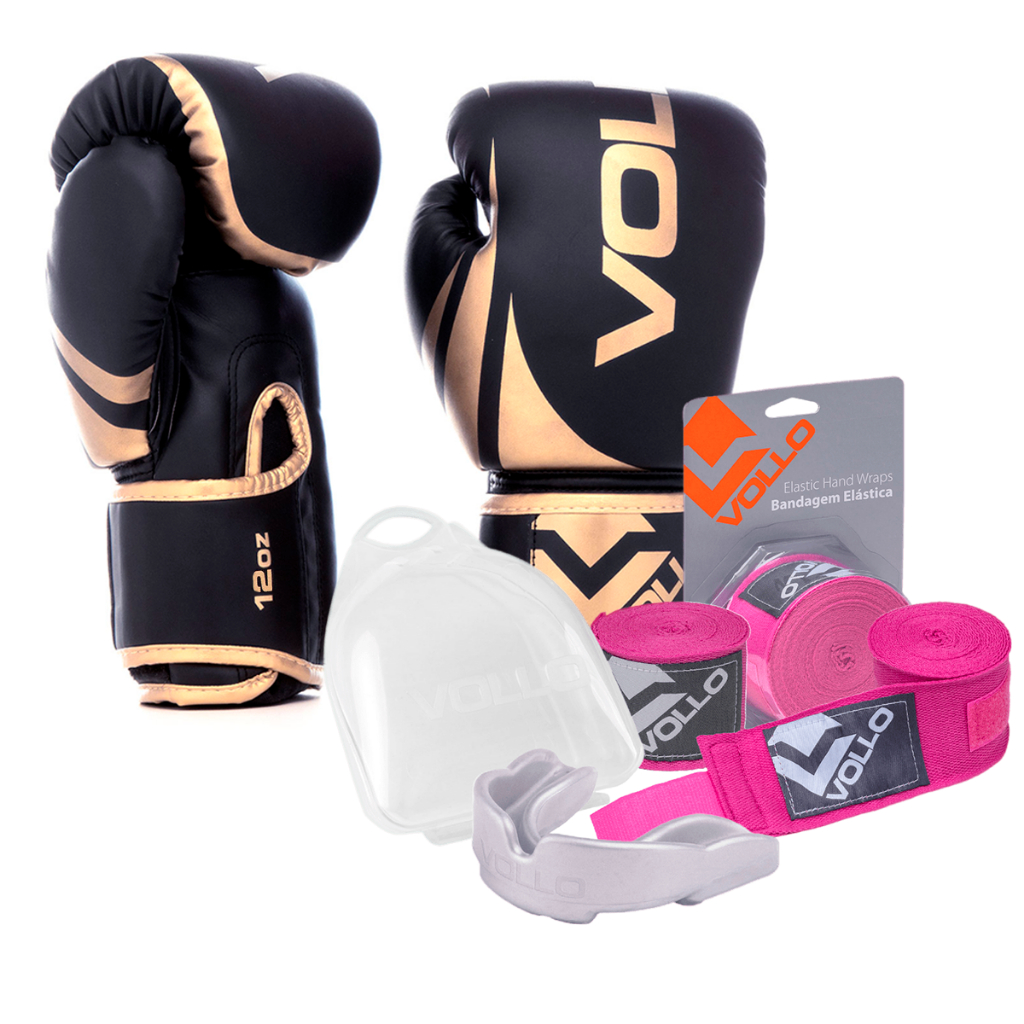 Kit Boxe Luva 12Oz Dourado + Protetor Bucal + Bandagem Rosa