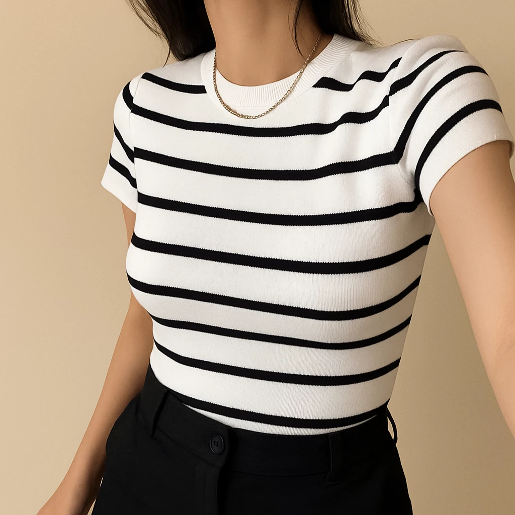 Blusa Feminina Listrada Casual Com Manga Curta Moda Trico Tendência 2025 Super Fresca e Leve — imagem 1
