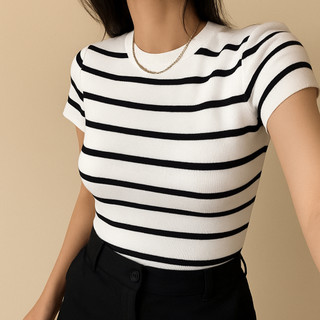 Blusa Feminina Listrada Casual Com Manga Curta Moda Trico Tendência 2025 Super Fresca e L…