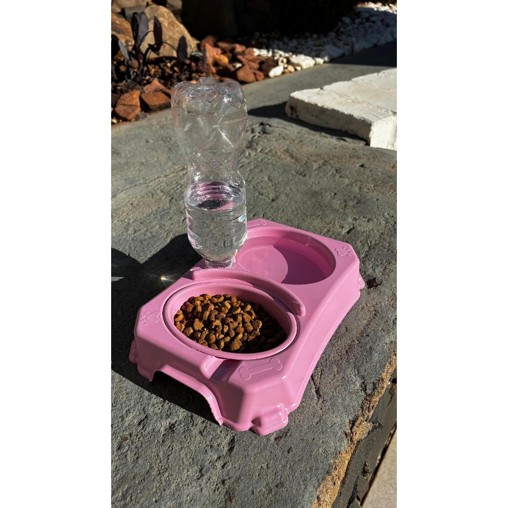 Comedouro Bebedouro Duplo 2 em 1 250ml Automático c/ Suporte Garrafa Pet Cachorro Tigela Removível
