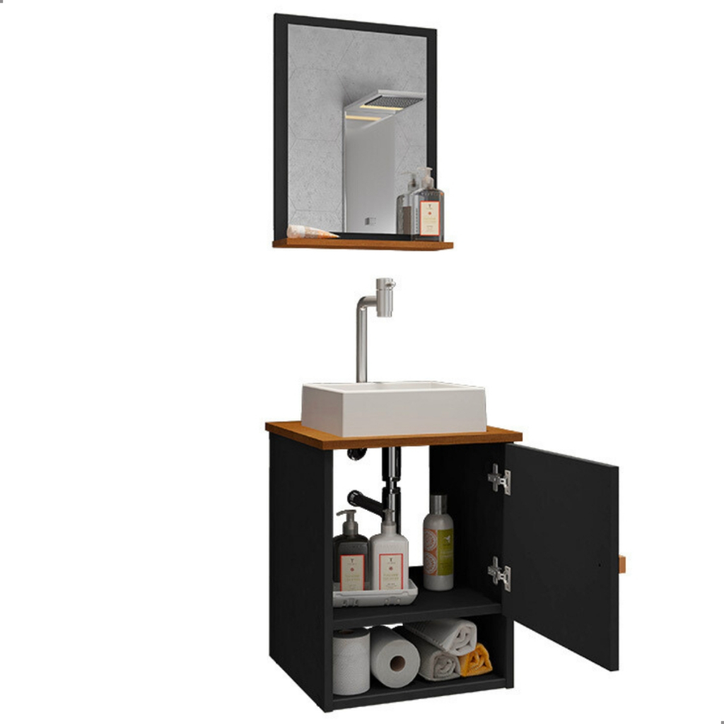 Kit De Banheiro Completo Com Gabinete Armário Suspenso Com Cuba Pia Espelho Gaveteiro Conjunto Preto