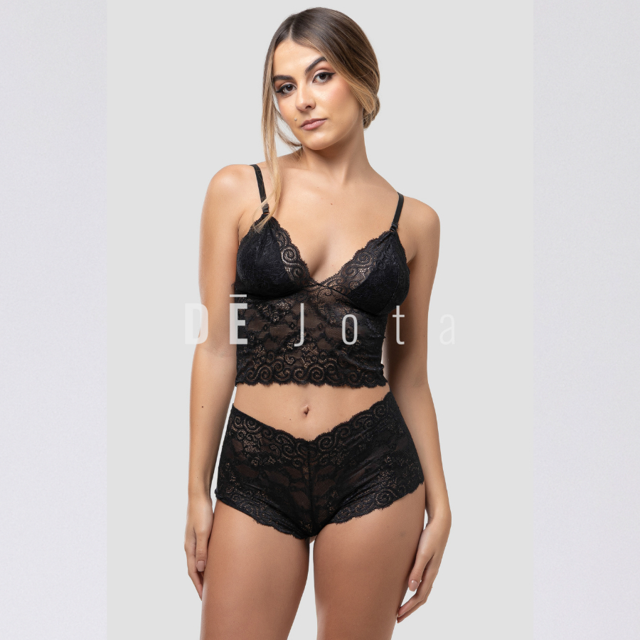 Conjunto Espera Marido Renda Cropped Caleçon Calcinha Lingerie Feminino Sexy Top Sem Bojo