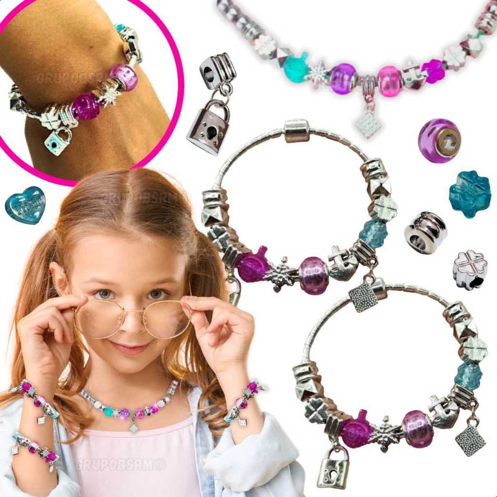 Kit Pulseira + Colar Infantil Berloques Pandor Miçanga Brinquedo Presente Menina Natal Aniversário