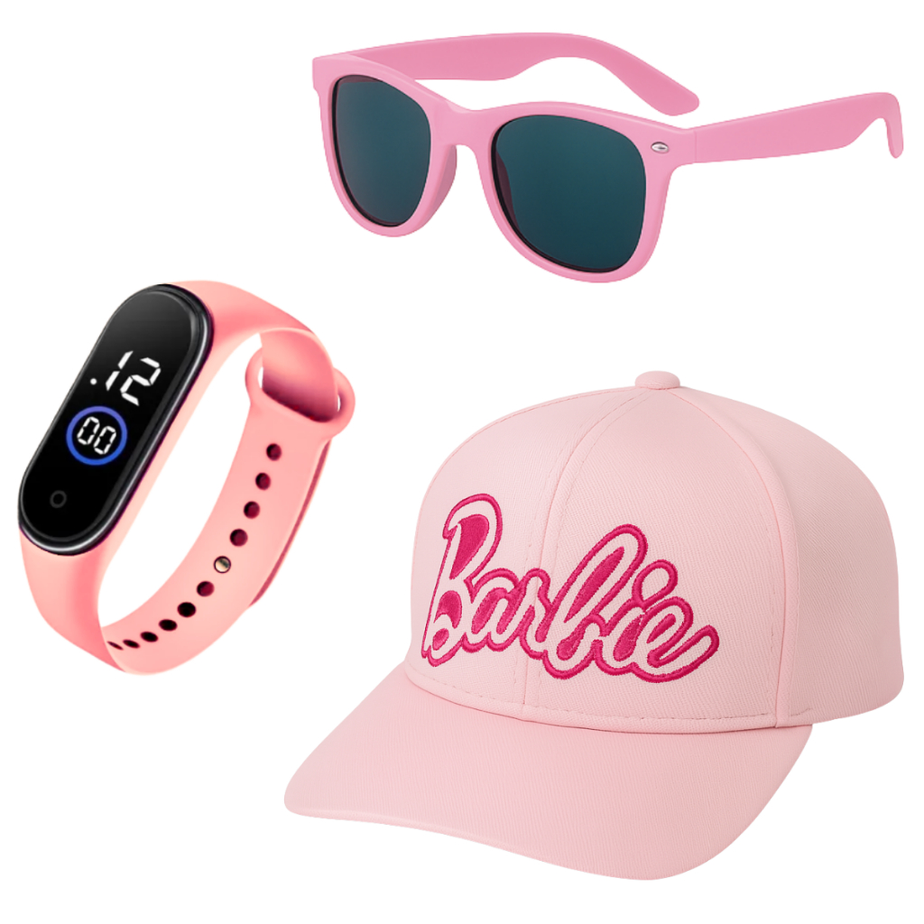 Óculos Proteção Sol Uv + Boné Menina Infantil Aba Reta +Relogio Led Digital Rosa Fashion Top