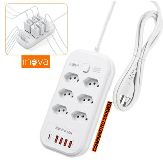 INOVA Filtro de Linha com 6 Tomadas 2500W Extensão Universal 4 USB 1Type c 10A 110V/220V 2M Bivolt