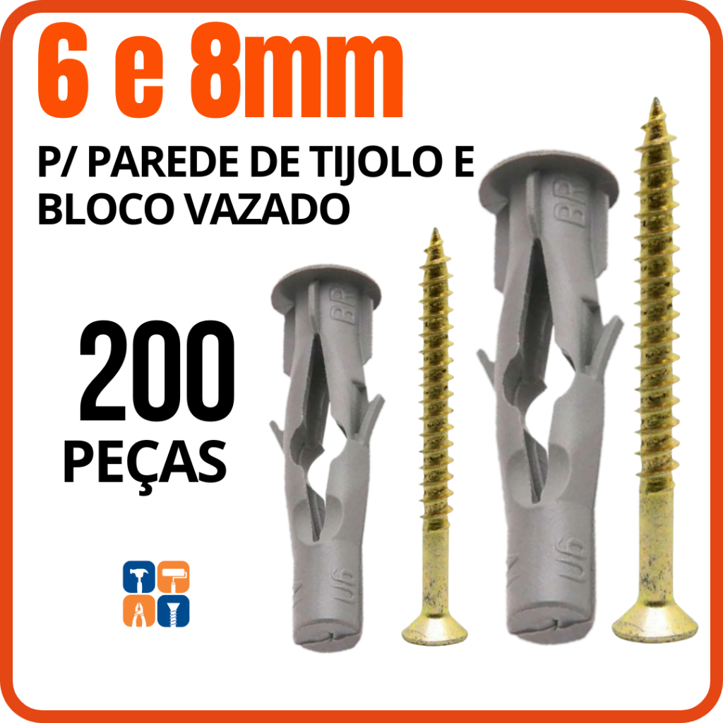 Kit Bucha FU para Tijolo Vazado 6mm 8mm com 100 Buchas e Parafusos Bloco Oco Tijolo Baiano Furado