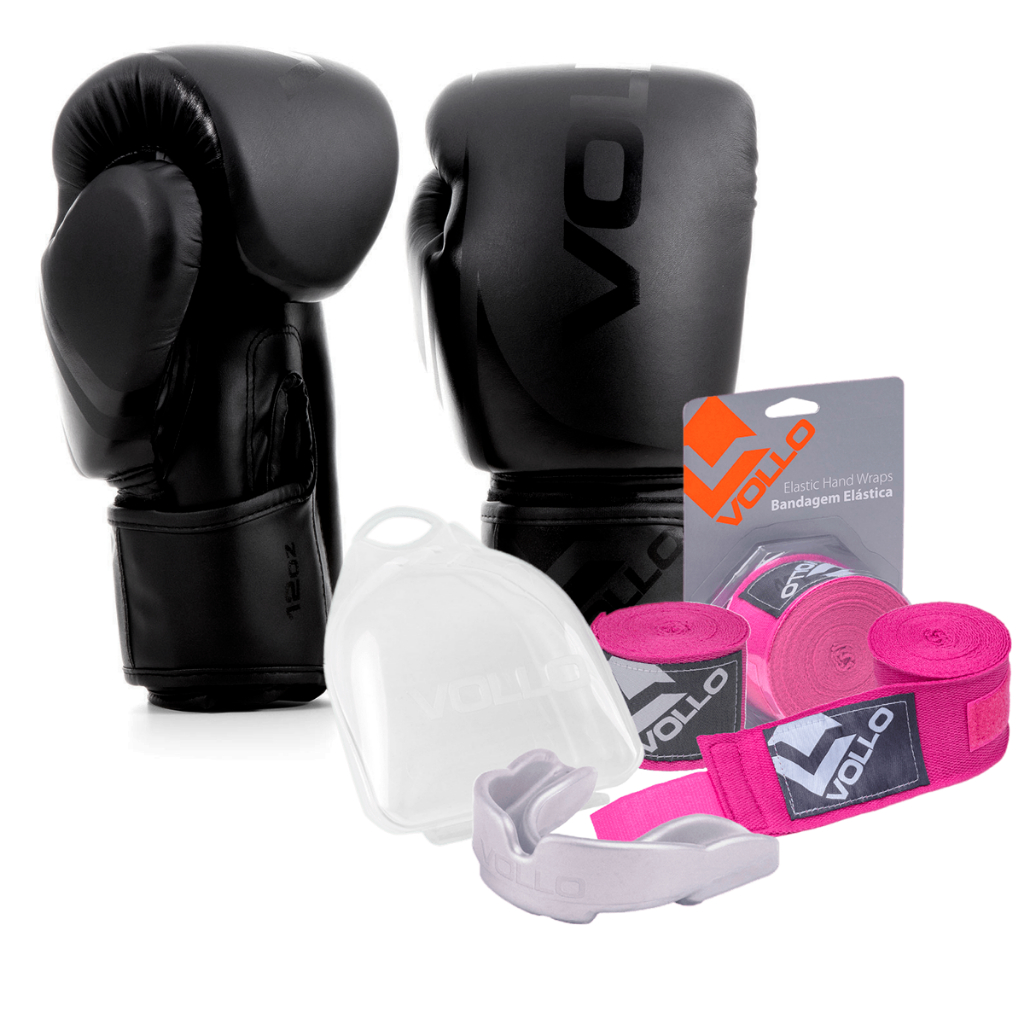 Kit Boxe Luva 12Oz Preto + Protetor Bucal + Bandagem Rosa