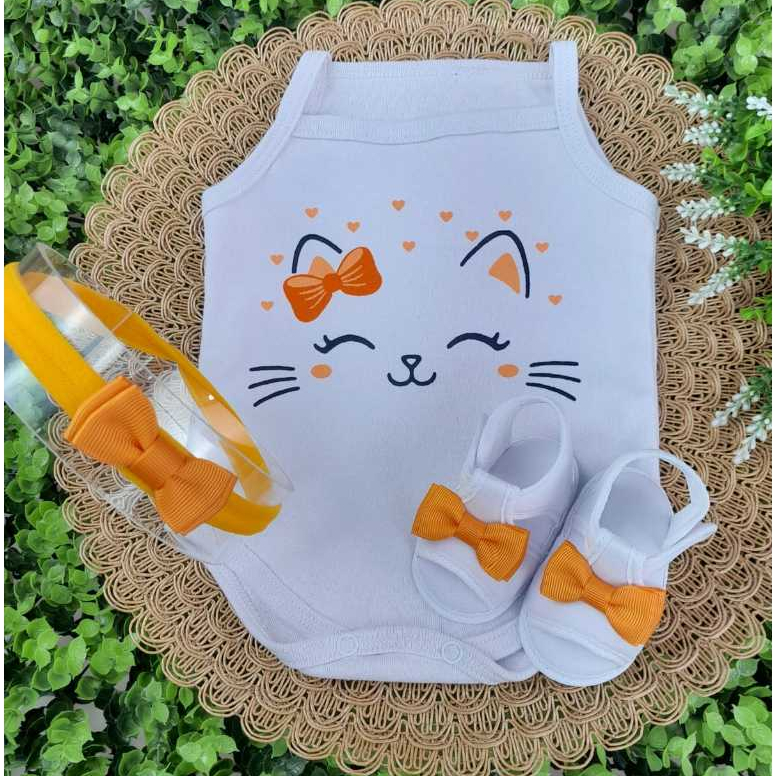 Conjunto Sandália Tiara Com Body Alcinha Bebe Menina  Roupa Verão Estampado Mesversário