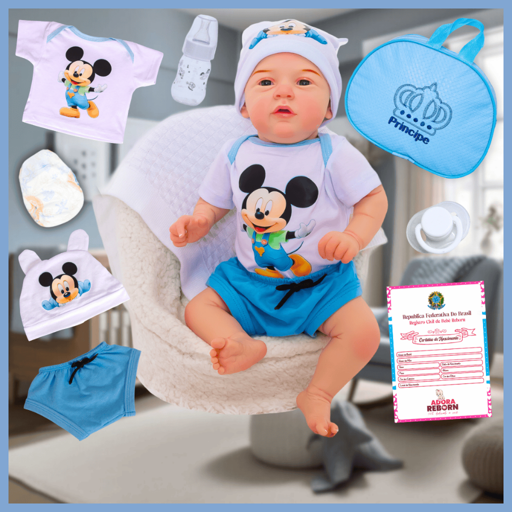 Bebê Reborn Boneco Menino Mickey Original Realista Corpo De Silicone Pode Dar Banho Envio Imediato - Mom & Baby