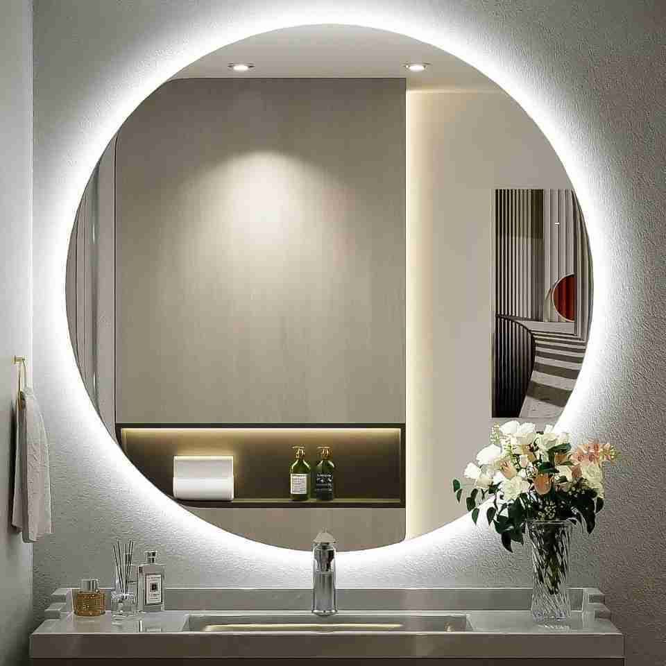 Espelho Redondo LED 50cm Lapidado Decorativo Parede Banheiro Quarto Sala Maquiagem Com Suporte