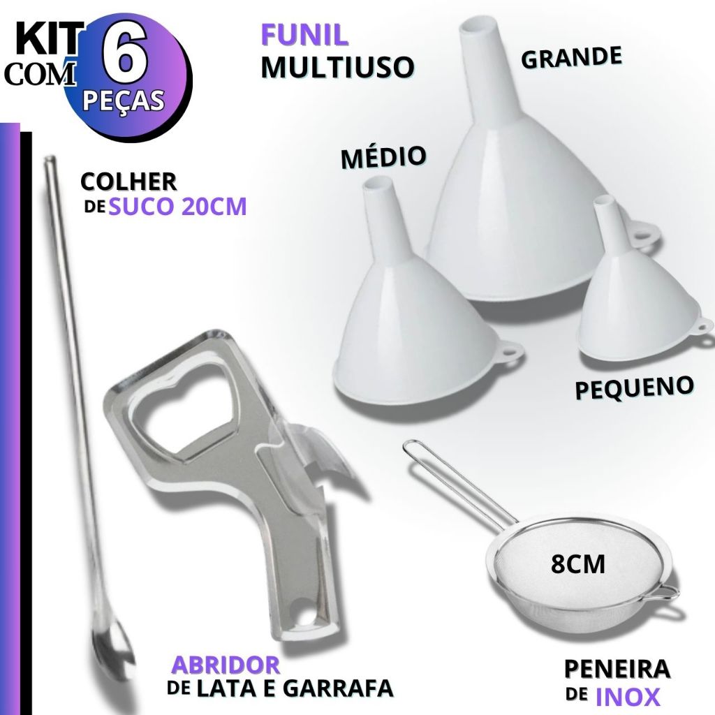 Kit Funil Colher Suco Peneira Coador INOX Abridor 6 Unid Oficina Artesanato Cozinha Funil P M G em Oferta na Shopee