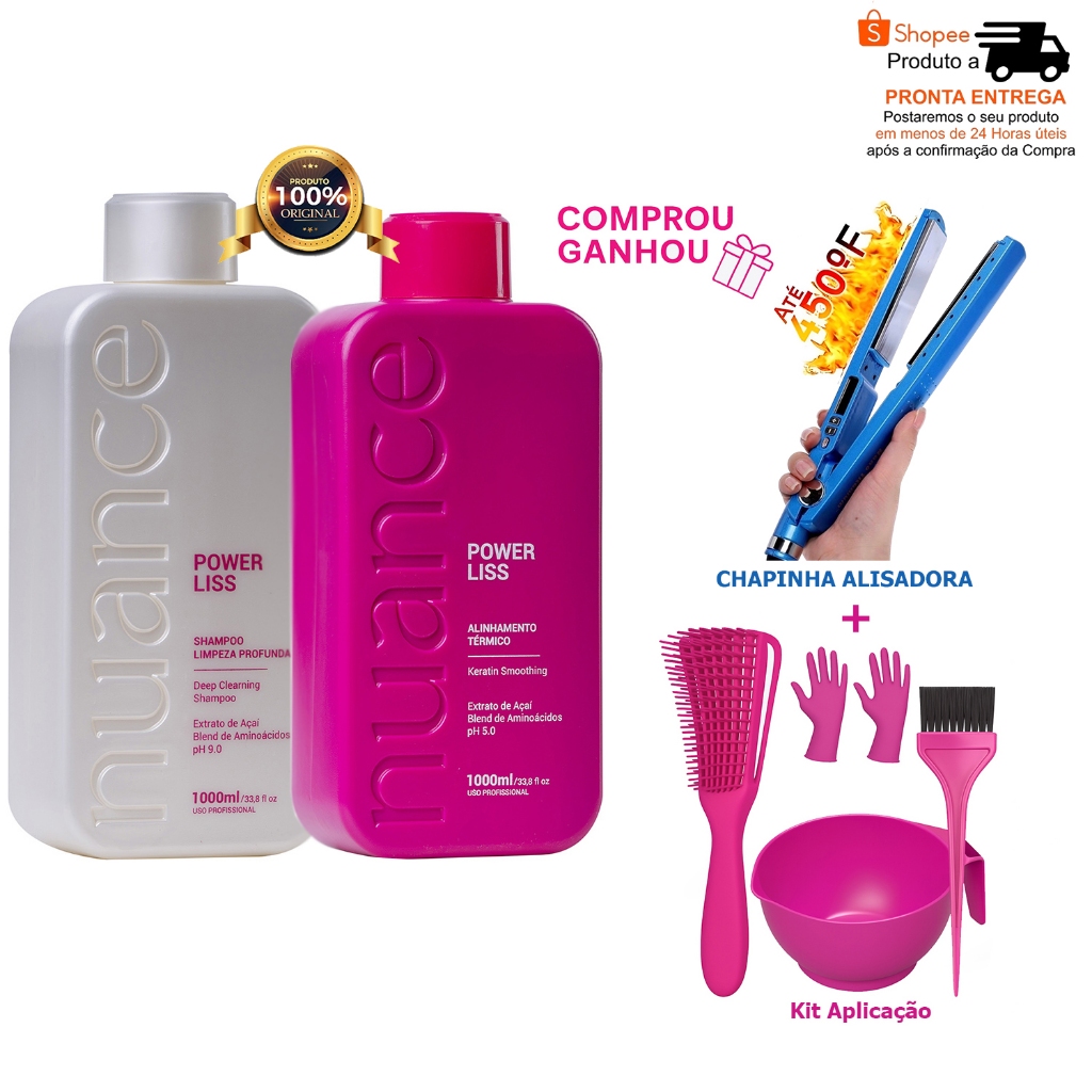 Power Liss Kit Progressiva e Shampo 1 Litro Liso Total Nuance + Chapinha e Kit Aplicação Grátis