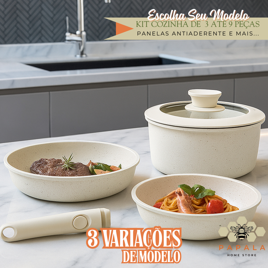 Conjunto de Panelas Cerâmica Antiaderente Preto e Marrom para Indução e Gás com Cabo Removível