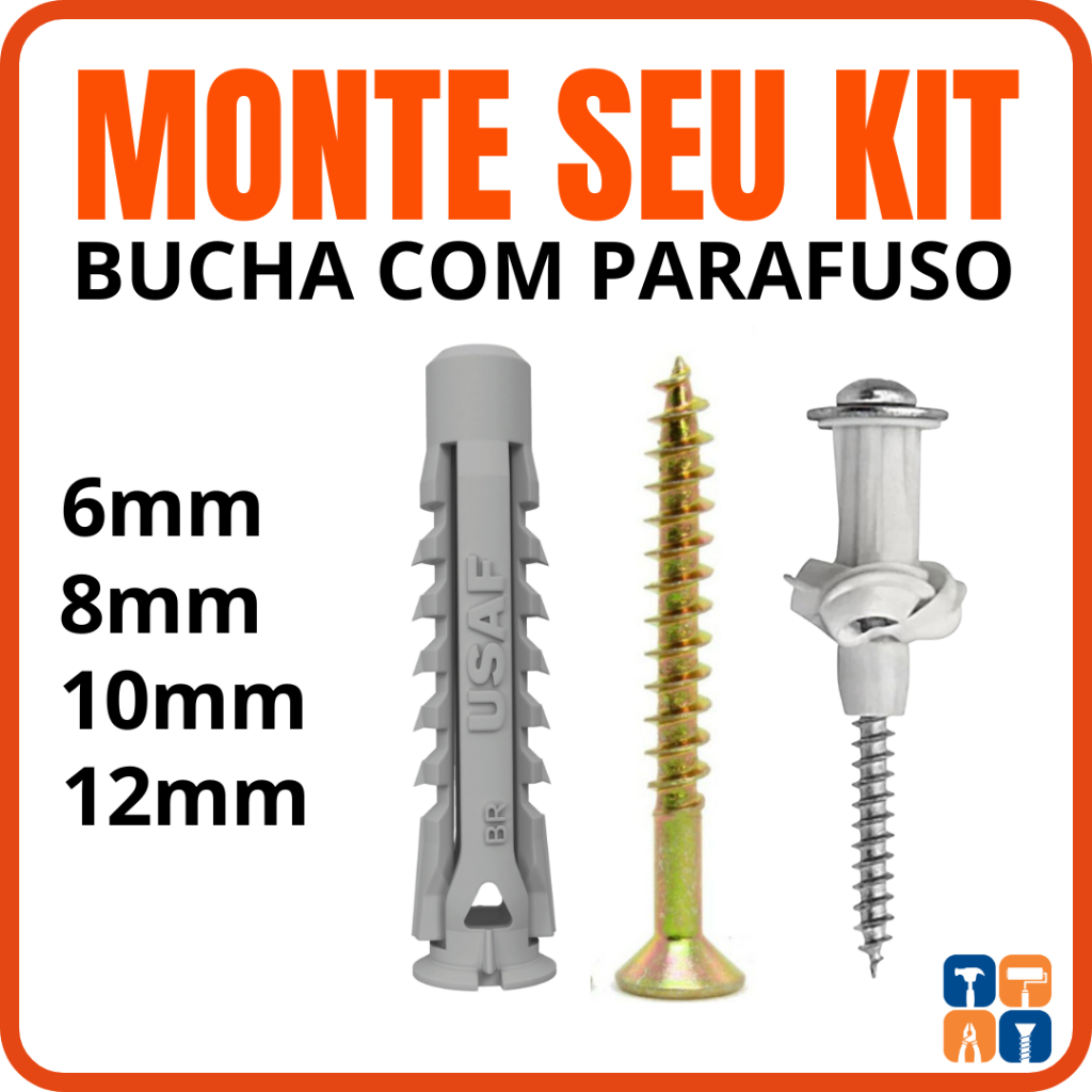 Bucha UX MU com Parafuso 6 - 8 - 10 Kit Bucha para Tijolo e Bloco Oco Vazado Furado Bucha UX MU