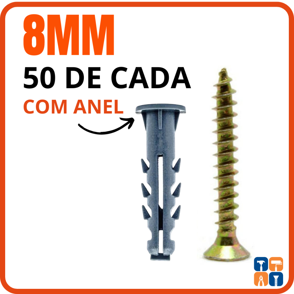 Bucha 8mm com Parafuso 8 Kit 50 Parafuso 8 Philips e Bucha 8 com Anel Aba para Parede Buchas em Oferta na Shopee