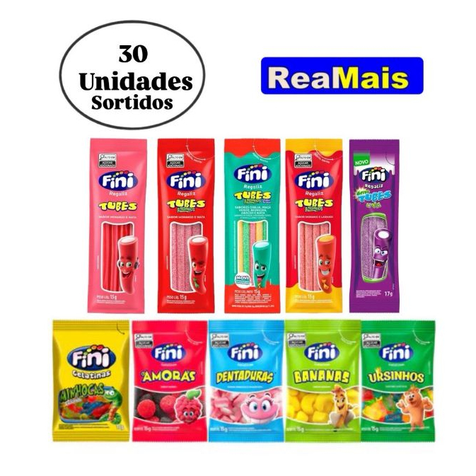Kit C/30un Balas Fini Sabores Variados Balas de Gelatinas Tubes Cítricas Azedinhas 15g