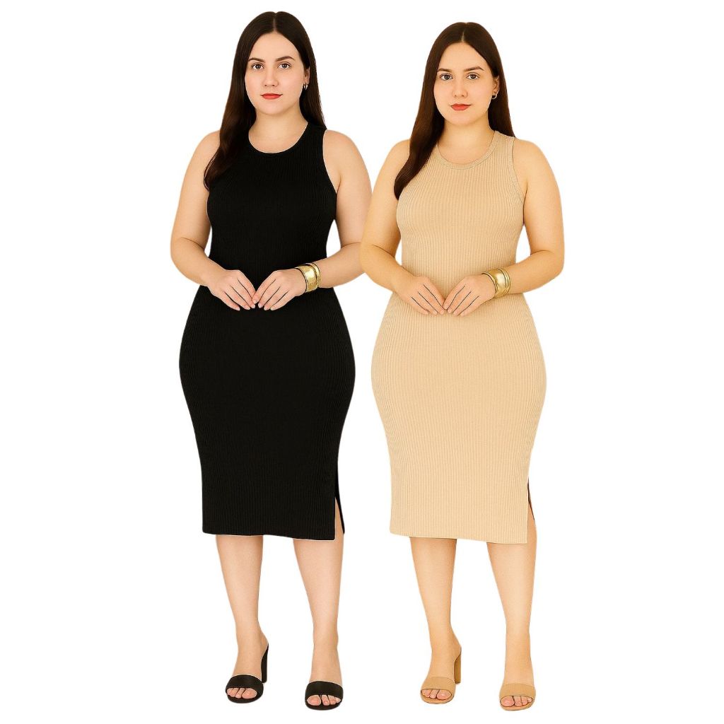 Kit 2 Vestido Midi regata com Fenda lateral Canelado Feminino