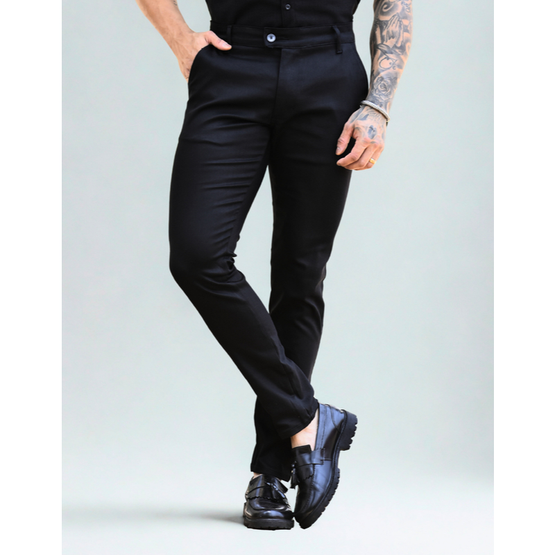 Calça Alfaiataria Skinny Masculina Social Sarja Com Elastano Esporte Fino Chino Lycra Slim Fit Bolso Faca Elegante