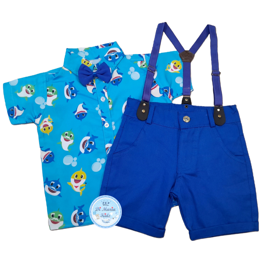 Conjunto Temático Baby Shark Camisa Short Suspensório Gravata roupa  bebe menino festa infantil