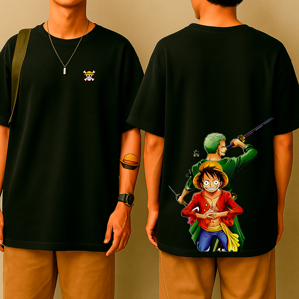 Camiseta Oversized Luffy & Zoro – Estilo Mangá, Dupla Imbatível, Algodão Premium, Geek Zorro One Pirata