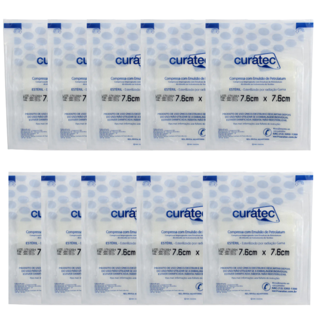 Kit 10 unidades Curativo Compressa Emulsão Petrolatum 7,6x7,6 Estéril Curatec Feridas ñ Aderente.