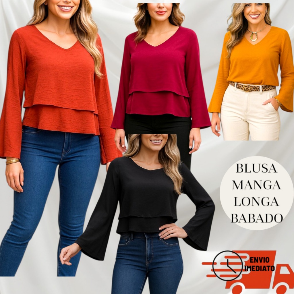 Blusa Feminino Simplicidade Elegante Social Basica  Duna Manga Longa Babado em Oferta na Shopee