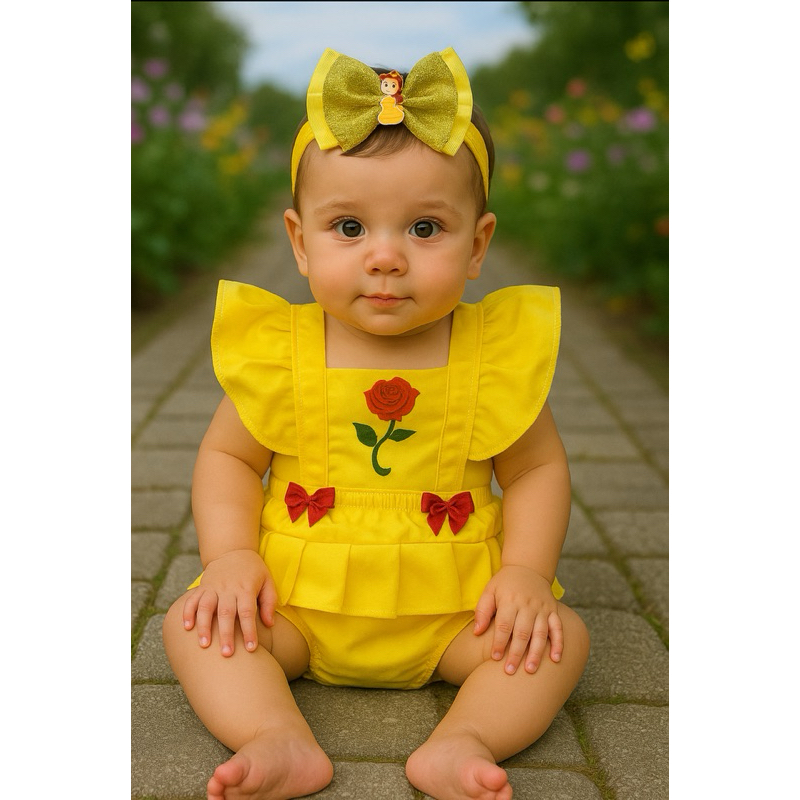 Romper bebe bela   fantasia mesversario Temático + Laço