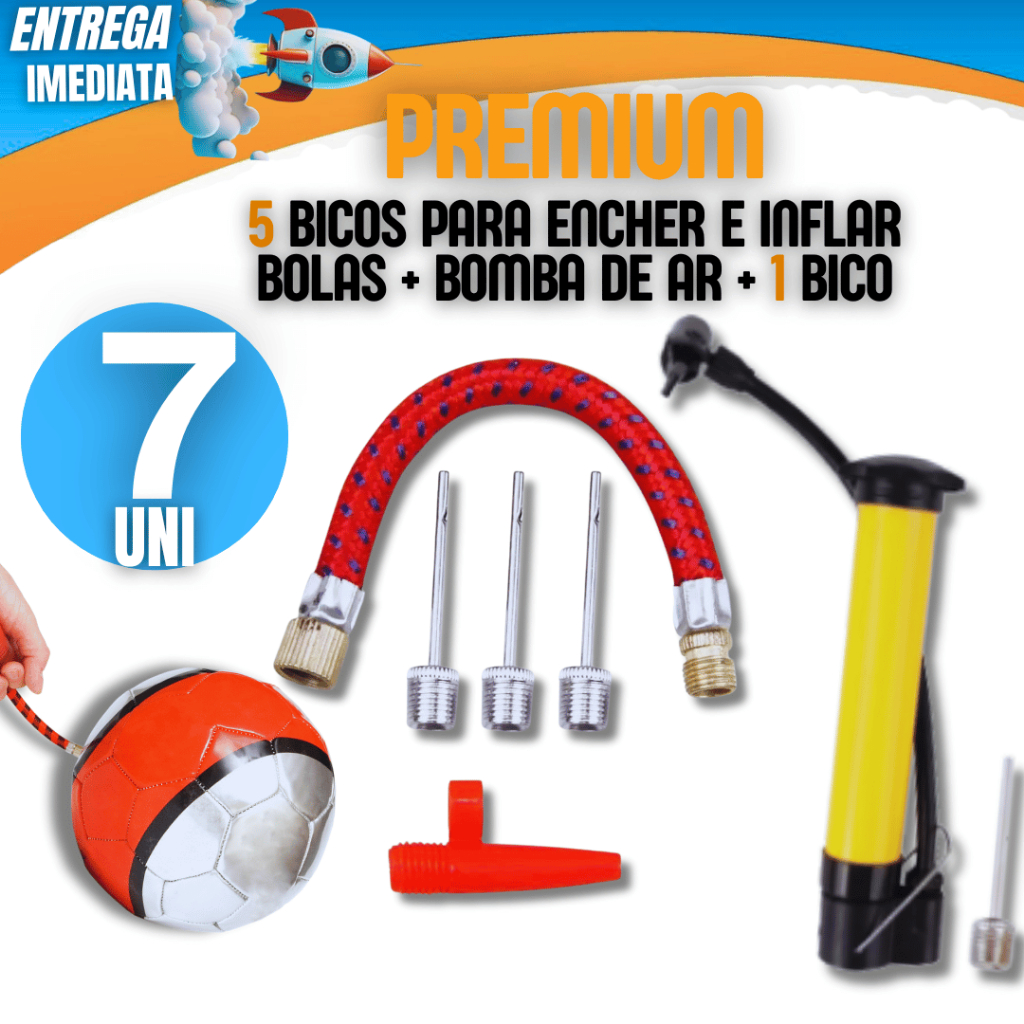 Kit 07 - 1 Bomba De Ar Vertical Encher Pneu Bike Bicicleta 25cm + 1 bico de Inflar + KIT 05 Bicos Para Encher Infla