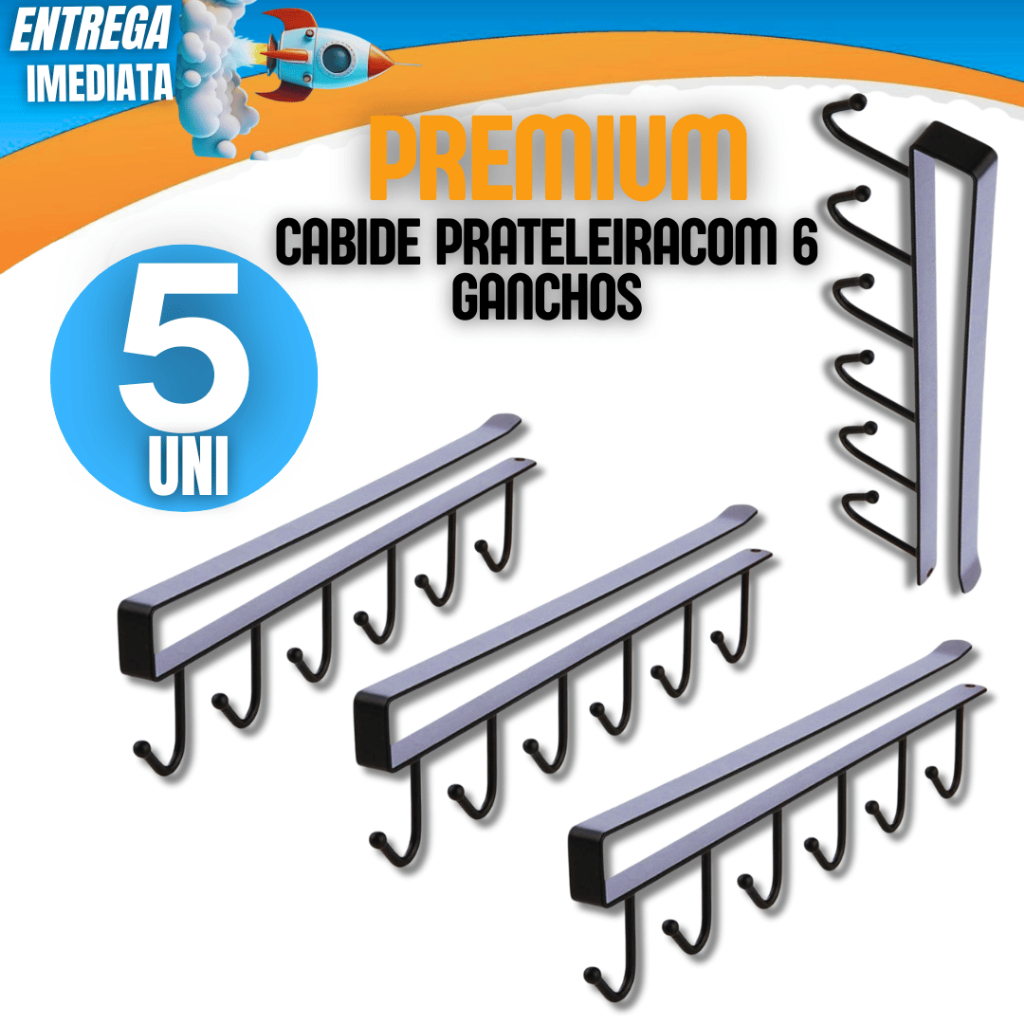 KIT 05 Unidades - Cabide de prateleira com 06 ganchos Resistente Variáveis Utilidades Multiuso Checaras Roupas