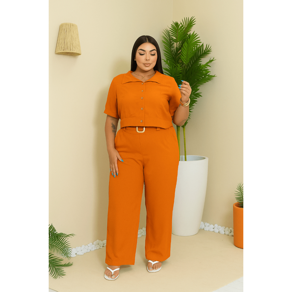 Conjunto plus size feminino com calça e cropped para primavera verão inverno com botões e pantalona com cinto e elástico