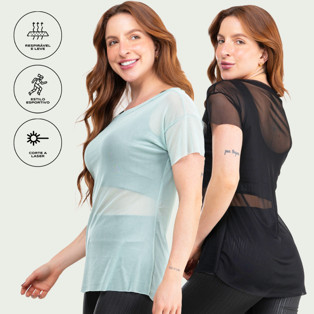 Kit 2 Blusa Transparente Fitness  Tule Manga Curta Camiseta Academia Feminina