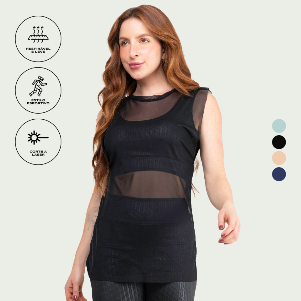 Regata Transparente Fitness Tule Manga Curta Academia Feminina em Oferta na Shopee