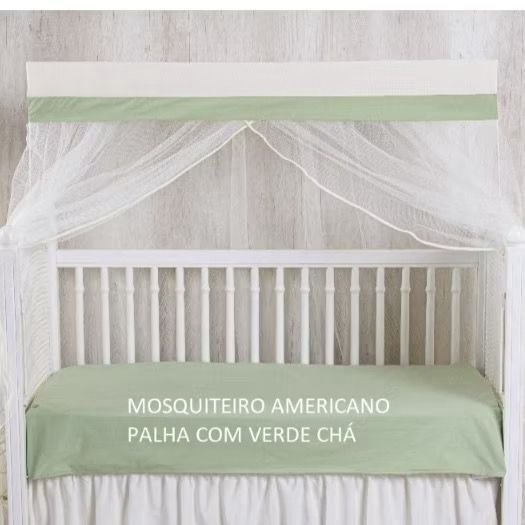 Mosquiteiro (Cortinado) Avulso Para Berço Americano Palha Com Detalhe Em Verde Olivia