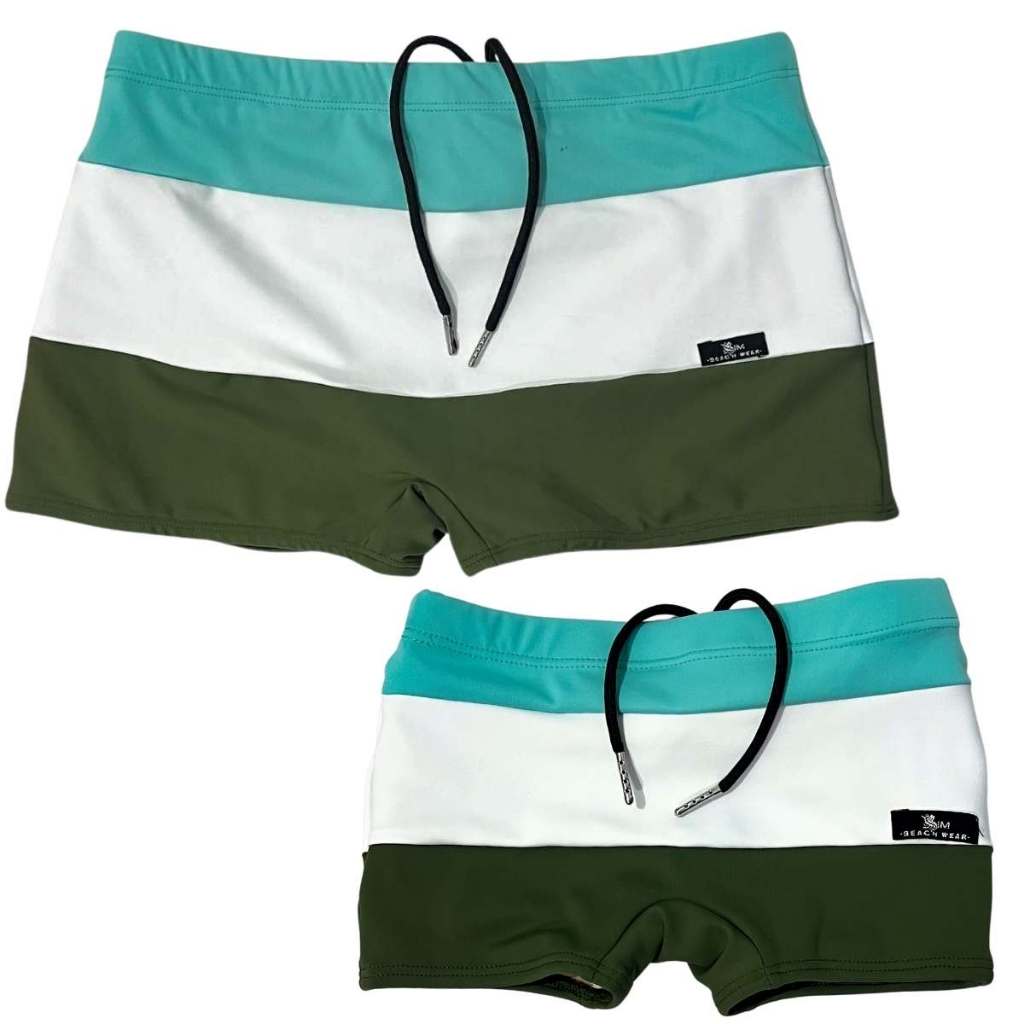 Kit Pai e Filho Sunga Boxer Moda Praia Tricolor Azul Turquesa Branco e Verde Militar Proteção UV