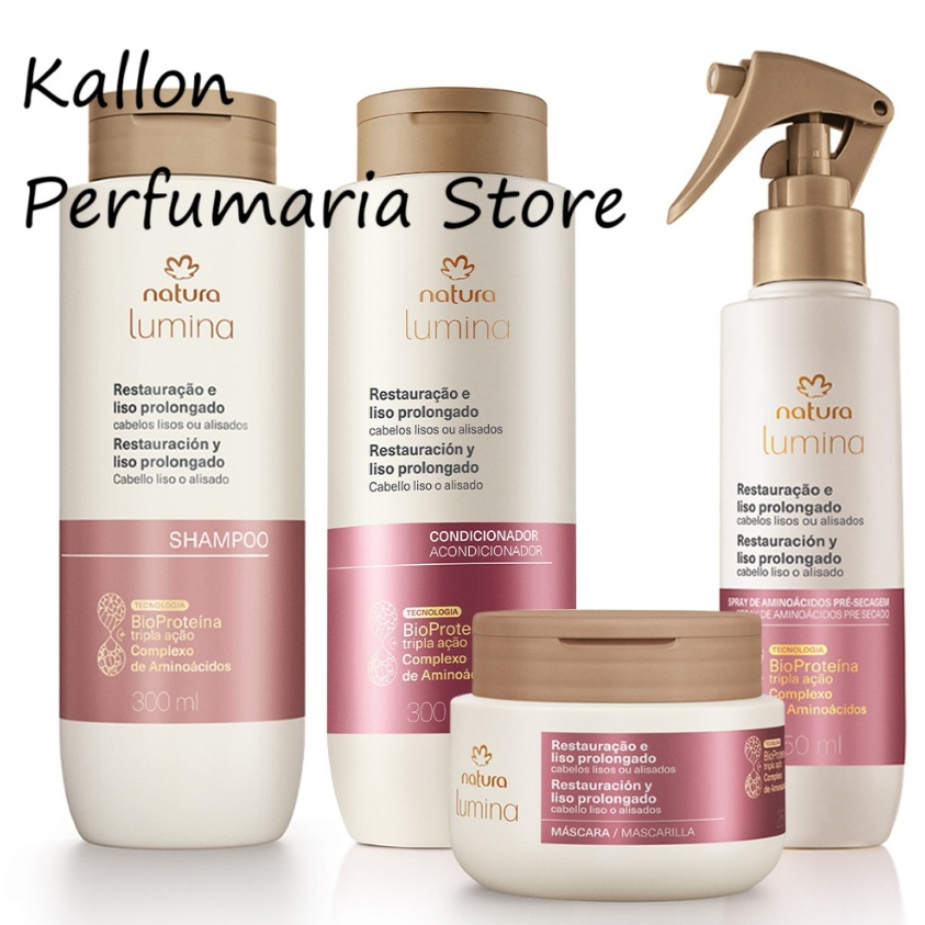 Kit Lumina para Restauração e Liso Prolongado, Shampoo, Condicionador, Mascara, Spray de aminoácidos pré-secagem