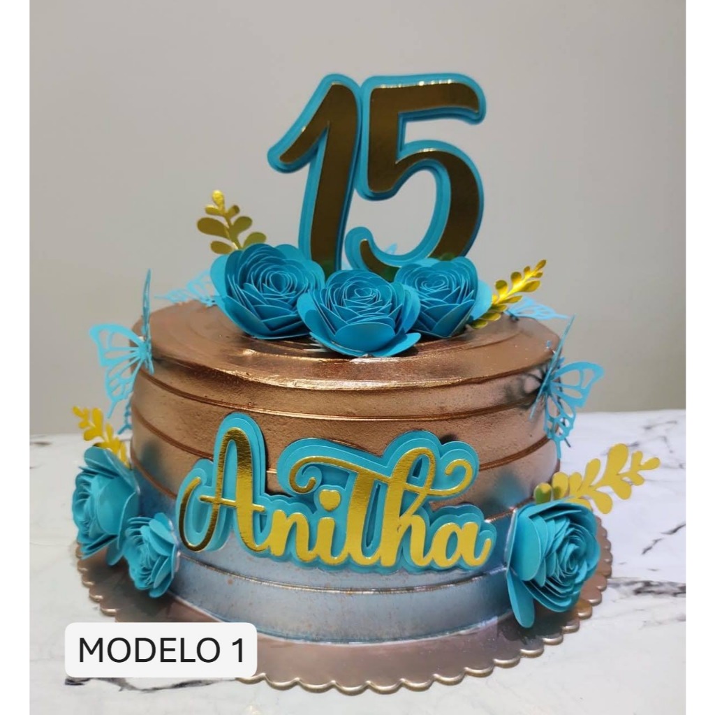 Topo de Bolo Luxo 3D com Flores- Aniversário - Festas - Comemoração