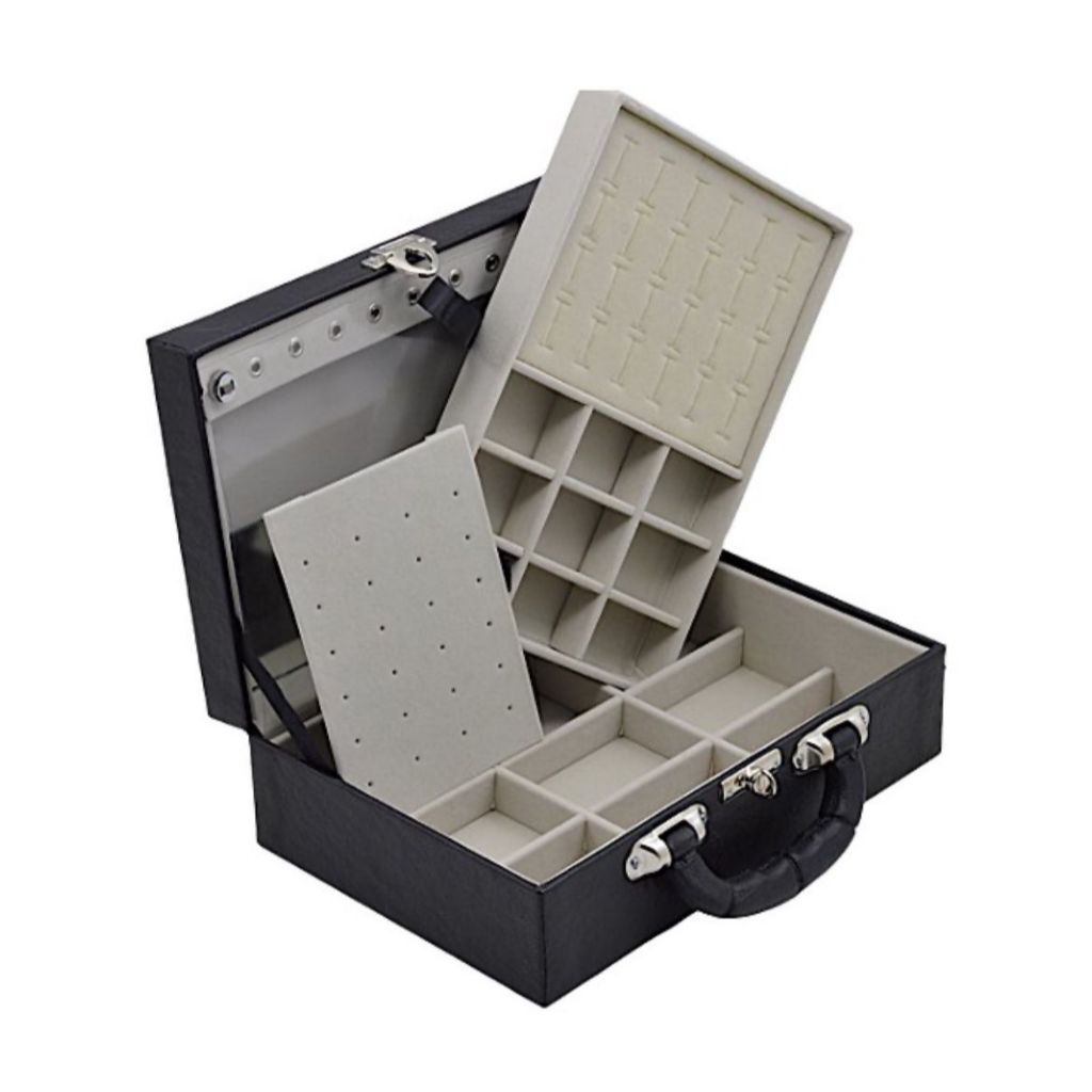 Caixa Maleta Estojo Porta Joias Bijuterias Dupla Media com espelho - Preta Off White