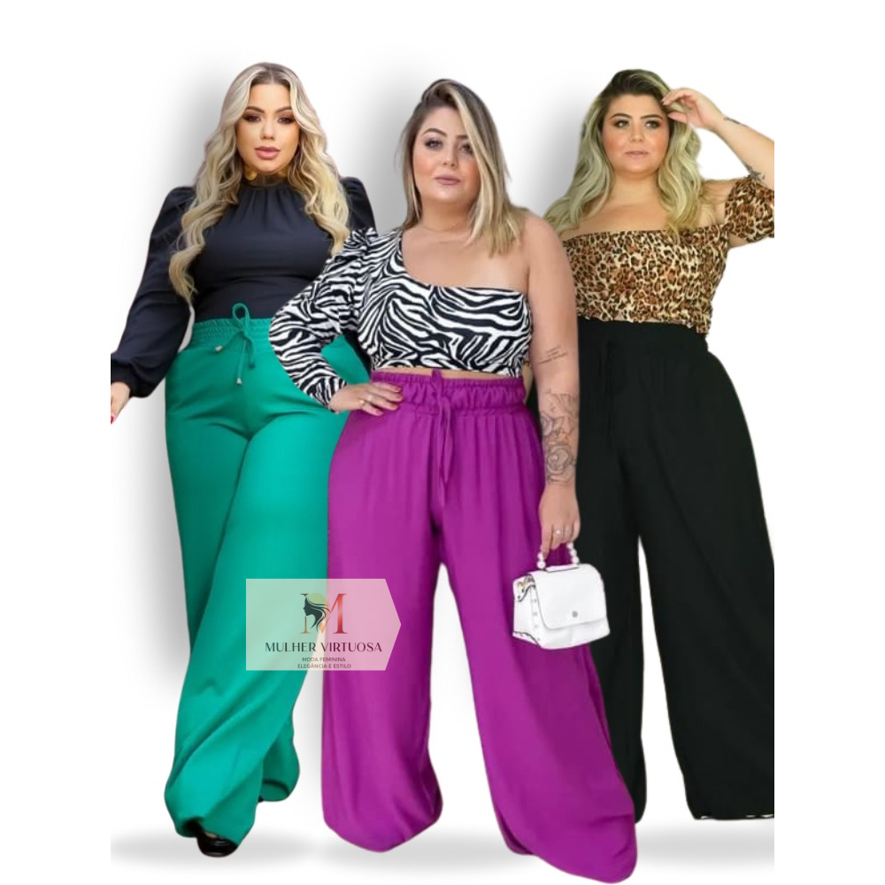 Calça Pantalona Plus Size Feminina Elástico Na Cintura Com Bolso Cintura Alta Tecido Duna moda blogueirinha