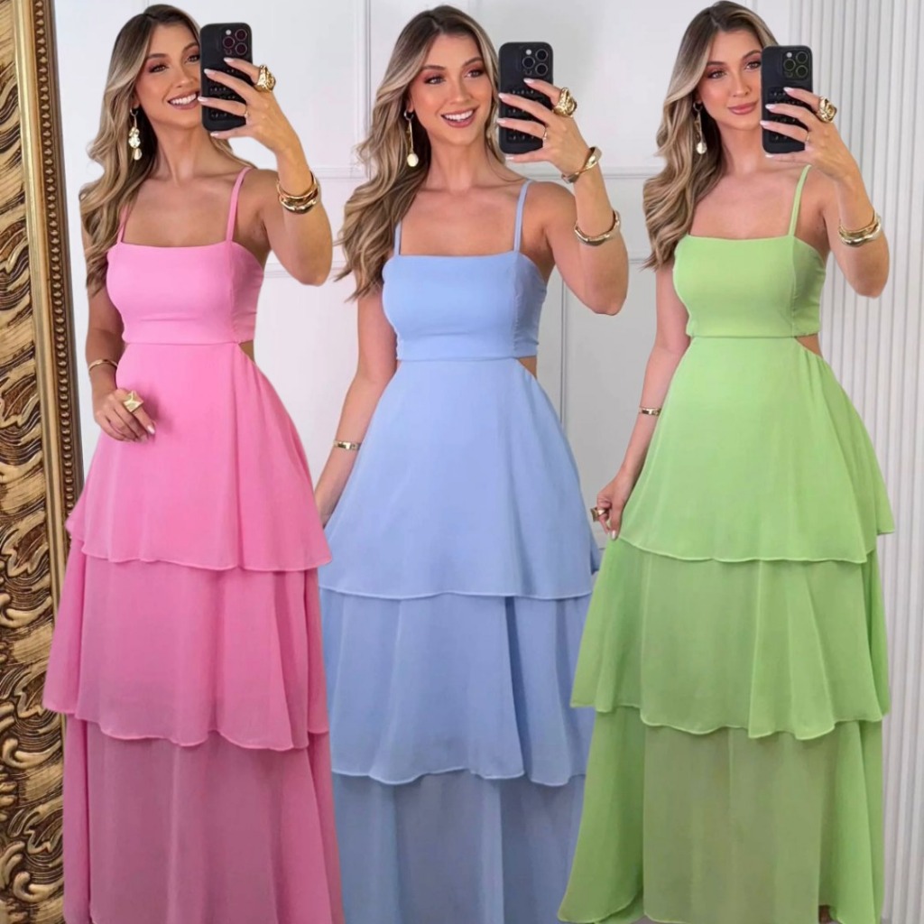 vestido londo feminino de alca elegante chiffon amarração nas costas com babados