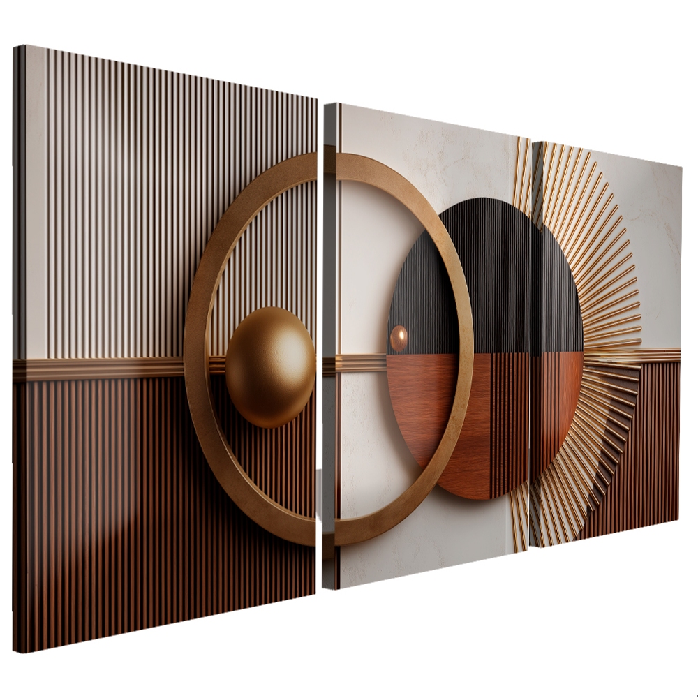 Quadros Decorativos 3 Peças Abstrato Moderno Circular Marrom e Dourado Pintura Casa Sala Quarto Decoração Hall